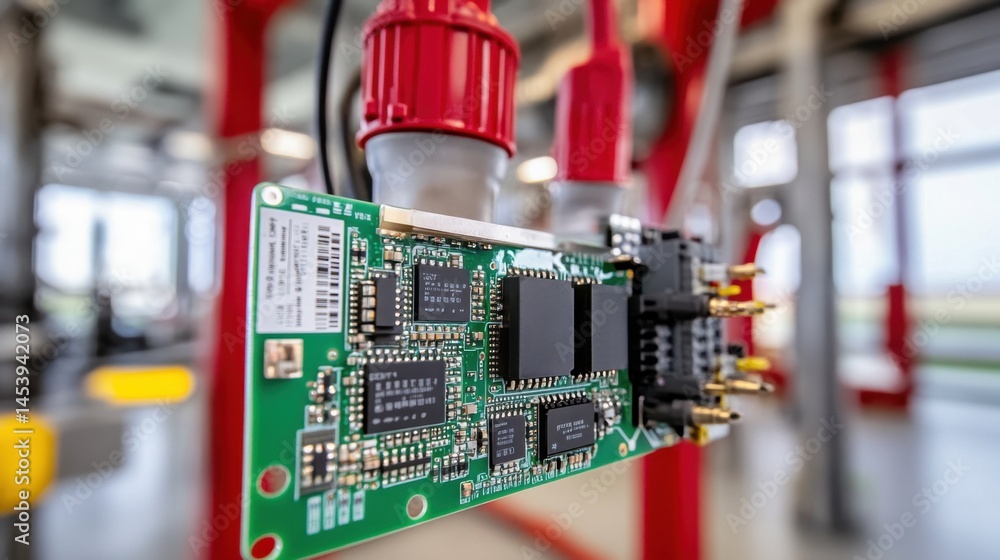 Poster wind turbine control systems with exposed circuit boards and sensors under maintenance lights