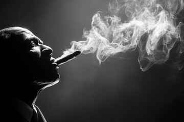 Dramatic Black Man Smoking Cigar with Dense Smoke Silhouette Against Dark Gray Gradient Background in Close-Up Profile