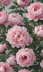 Obraz premium Full bloom peonies, lush petals, hand drawn style, vintage, texture, leaves