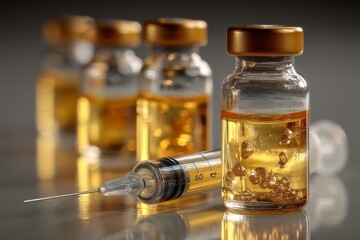 Medical ampoules with golden liquid and syringe arranged on reflective surface representing healthcare and pharmaceutical research