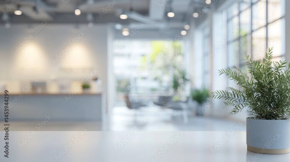 Poster a bright and airy office space featuring a small potted plant on a table. the background showcases a