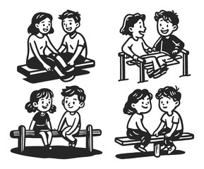 Hand-Drawn Line Art of Children Sharing Moments on Benches