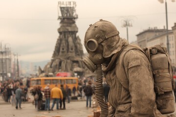 Naklejka premium Person Wearing Gas Mask and Protective Gear in Urban Environment, Crowd in Background, Air Pollution Concern