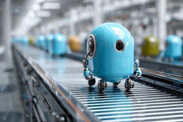 Compact blue robot moving along automated assembly line, displaying modern technology with machinery and repetition within factory setting