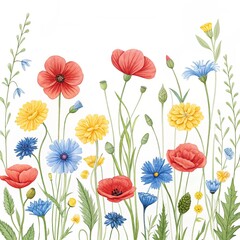 Fototapeta premium Watercolor floral arrangement of poppies, cornflowers, and yellow flowers