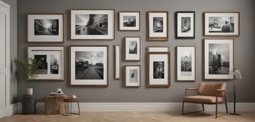 Fototapeta premium Chic gallery wall; varying frame styles and textures, subtle shadows , minimal, neutral wall, gallery wall