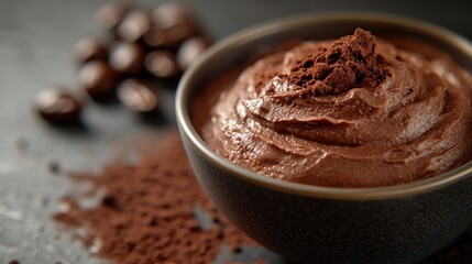 Rich Chocolate Mousse in a Bow with Cocoa Powder and Coffee Beans on Dark Surface