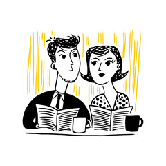 Hand Drawn Doodle of a Couple Sitting at a Cafe Reading Newspaper
