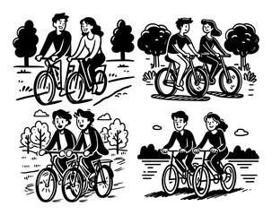 Hand Drawn Lineart Illustration of Couples Riding Bicycles in Nature