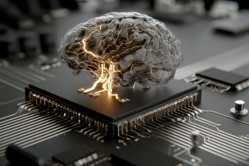 Human brain atop electronic computer chip with neural network pathways and circuits, technological advancements and intelligence concepts
