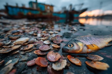 Fish lying motionless on a muddy shore surrounded by scattered shells and a blurred decaying boat on the horizon