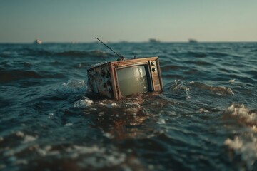 Vintage Television Set Floats in Ocean Waves, Rusting and Weathered near distant Cargo Ships