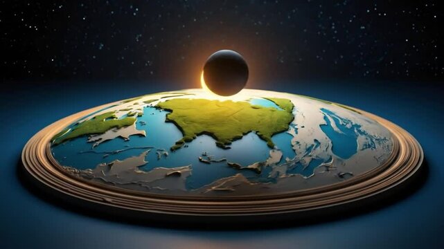 A conceptual image illustrating the flat Earth theory, depicting a disc-shaped Earth with continents and oceans. The sun is shown above the plane, and stars are visible in the dark background