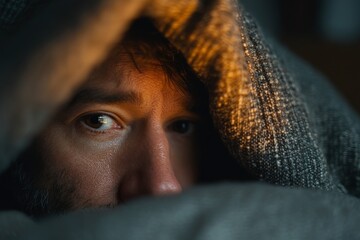 Close-up of a man's face partially hidden beneath a textured gray blanket, looking outward with concerned, focused eyes.