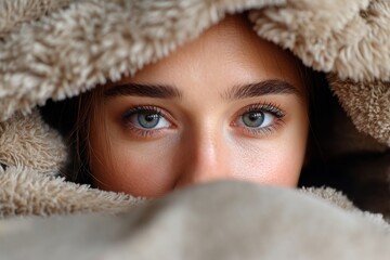 Intense Gaze: Woman's Striking Eyes Peeking Out From Under a Fluffy Blanket, Focused Vision and Soft Light