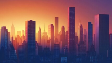 Fototapeta premium Silhouetted Skyscrapers Against a Vibrant Sunset in a Metropolitan Area