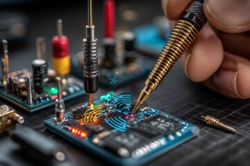 Engineer hand using diagnostic tool on circuit board analyzing electronic components for troubleshooting, repair and testing