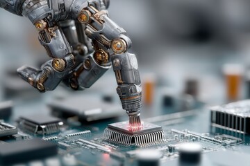 Robotic Arm Interacting with Computer Chip on Printed Circuit Board, High-Tech Machine Precision and Automation