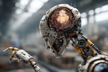 Detailed mechanical robot head with glowing core, profile view in an abstract factory setting, focus on futuristic technology