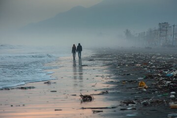 Couple walks on a misty, trash-strewn seashore with distant mountains and town buildings enveloped in low hanging fog