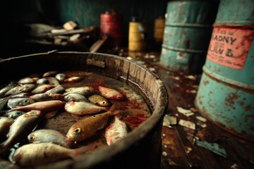 A Wooden Tub Filled with Small Fishes and Red Liquid Against a Backdrop of Dirty and Stacked Metal Barrels
