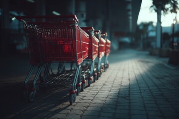 Row of Red Shopping Carts Aligned on Paved Surface Outside Storefront at Dusk, Reflecting Street Lights and the Evening Sky