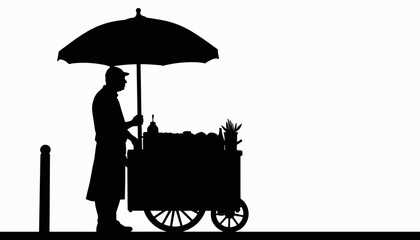 Silhouette of street vendor selling snacks under umbrella, urban life