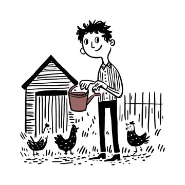boy feeding chickens black and white clip art preview