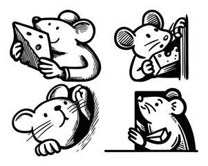 Hand-Drawn Cartoon Mouse Characters in Playful Scenarios