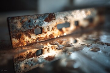 Close-up of aged metal object covered in rust, situated amongst water droplets on a wet, metallic surface creating reflections