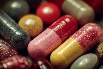 Colorful assortment of capsules and pills displayed in a pharmaceutical setting, highlighting healthcare and medication concepts