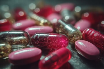 Close-up of various colorful capsules and pink tablets scattered on a reflective surface, illuminated with highlights