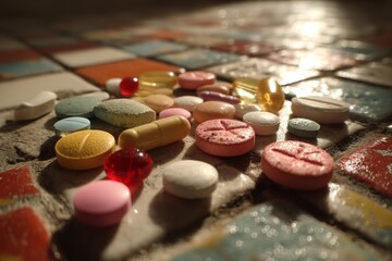 Assorted Medication Tablets and Capsules Piled on Tiled Surface, Pharmaceutical Drugs with Differing Shapes and Colors