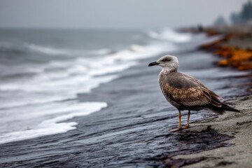 Seagull perched on sandy coast with ocean waves in background under overcast sky near vegetation
