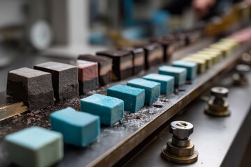 Colorful square chocolates progress down automated conveyer line in a food processing plant, ready for packaging and distribution.