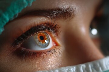 Hazel eye of a person wearing surgical mask and cap in extreme close-up macro studio shot for healthcare advertising