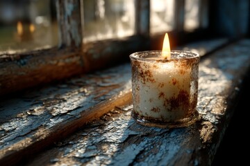Burning candle in glass holder sits on weathered windowsill with flaking paint adding warmth to rustic scene