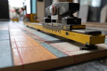 Close-up of a used laminate cutter tool positioned on top of multi-colored planks ready for project completion process.