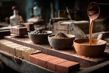 Cocoa Processing: Chocolate Production with Raw Ingredients, Brown Powder, Beans, and Liquid Ready for Molding