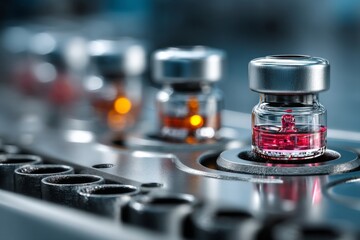 Glass vials filled with vibrant red fluid, presented on a metallic medical machine platform for pharmaceutical research