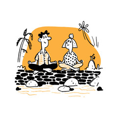 Hand Drawn Doodle of Two People Meditating by Water with Nature Elements