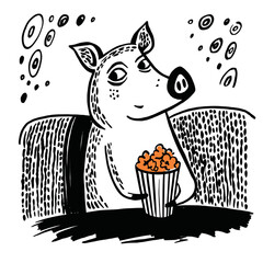 Cute Hand-Drawn Doodle of a Pig Enjoying Popcorn in a Theater