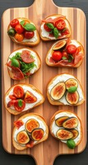 Assorted Bruschetta Toppings on Toasted Bread with Whipped Ricotta, Tomatoes, Figs, Prosciutto, and Basil, Gourmet Appetizers