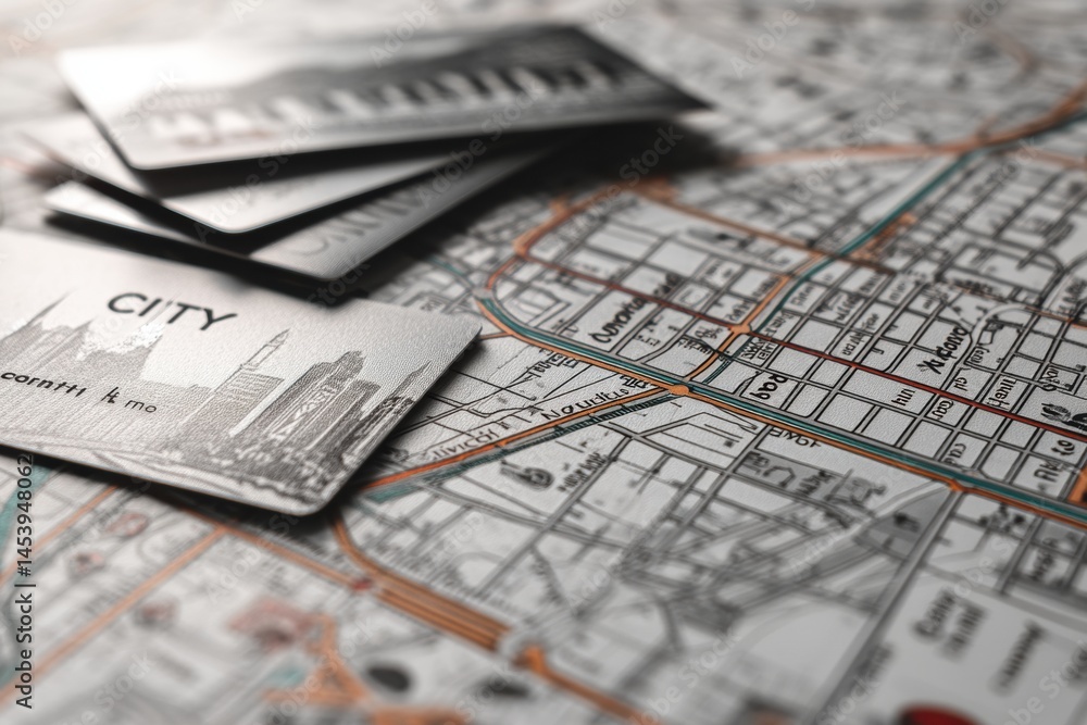 Aufkleber Minimalist City Guide and Metro Card Flatlay on Urban Map Highlighting Travel Essentials Generative AI