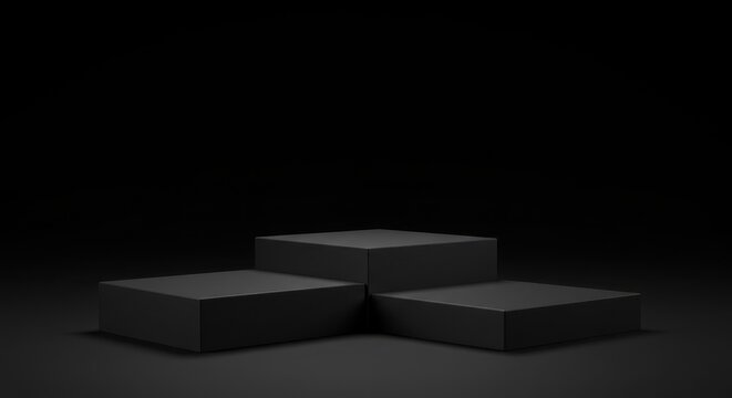 Dark charcoal gray podium with matte finish, composed of three stepped rectangular blocks against a pure black background for product display.