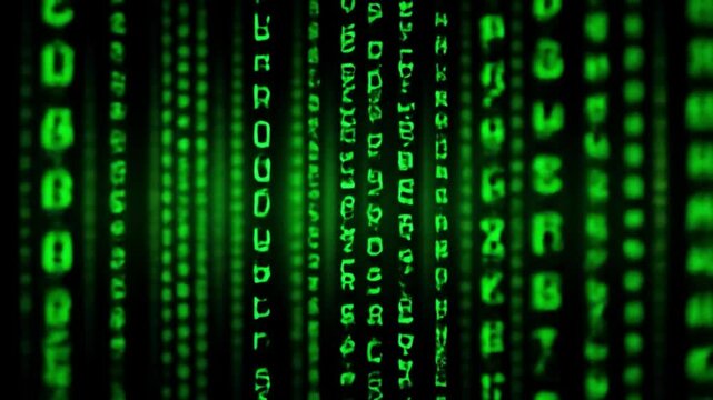 visually striking image featuring streams of glowing green alphanumeric characters cascading down a dark background, reminiscent of the iconic "Matrix" movie visuals. This abstract representation evok
