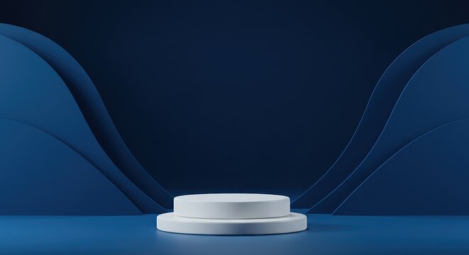 Minimalist studio stage bathed in cool blue light showcases a clean white cylindrical pedestal at the center. Deep blue abstract background.
