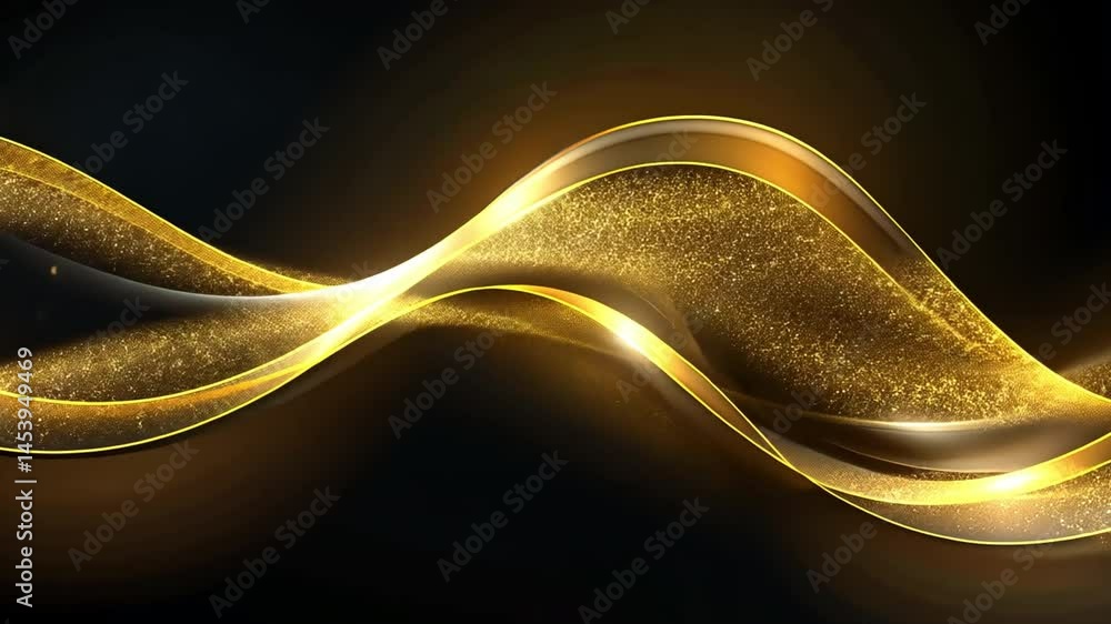 Poster Elegant Abstract Gold Wave Design with Shimmering Particles Dynamic Background of Luxury and Sophistication, Evoking Warmth and Richness.