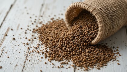 Cumin Seeds Spilled from Burlap Sack on Rustic Wood