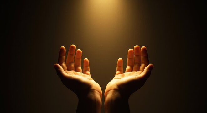 Two cupped hands reaching upwards against a dark background. A soft warm golden light emanates from above, gently illuminating the hands.